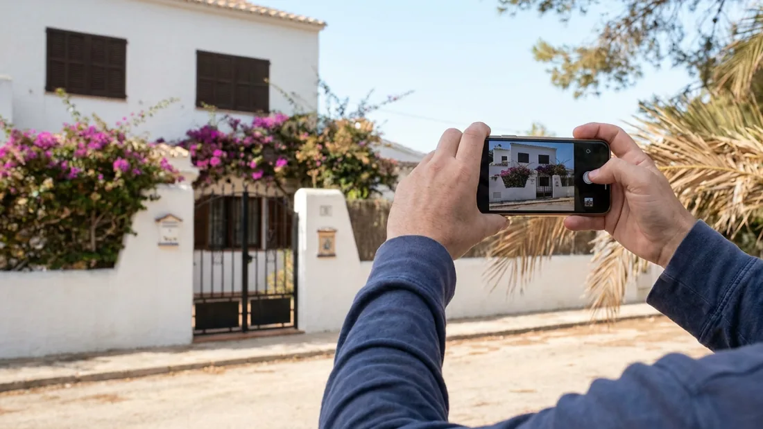 Deux mains tiennent un téléphone qui photographie la façade d'une maison espagnole, derrière un portail en fer et un bougainvillier