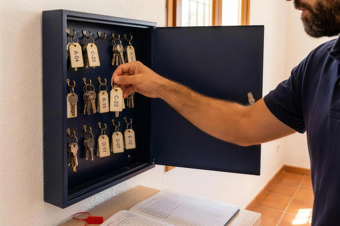 Une main prend un trousseau dans une armoire à clés ouverte, étiquettes codées sur leurs crochets, le registre ouvert en dessous