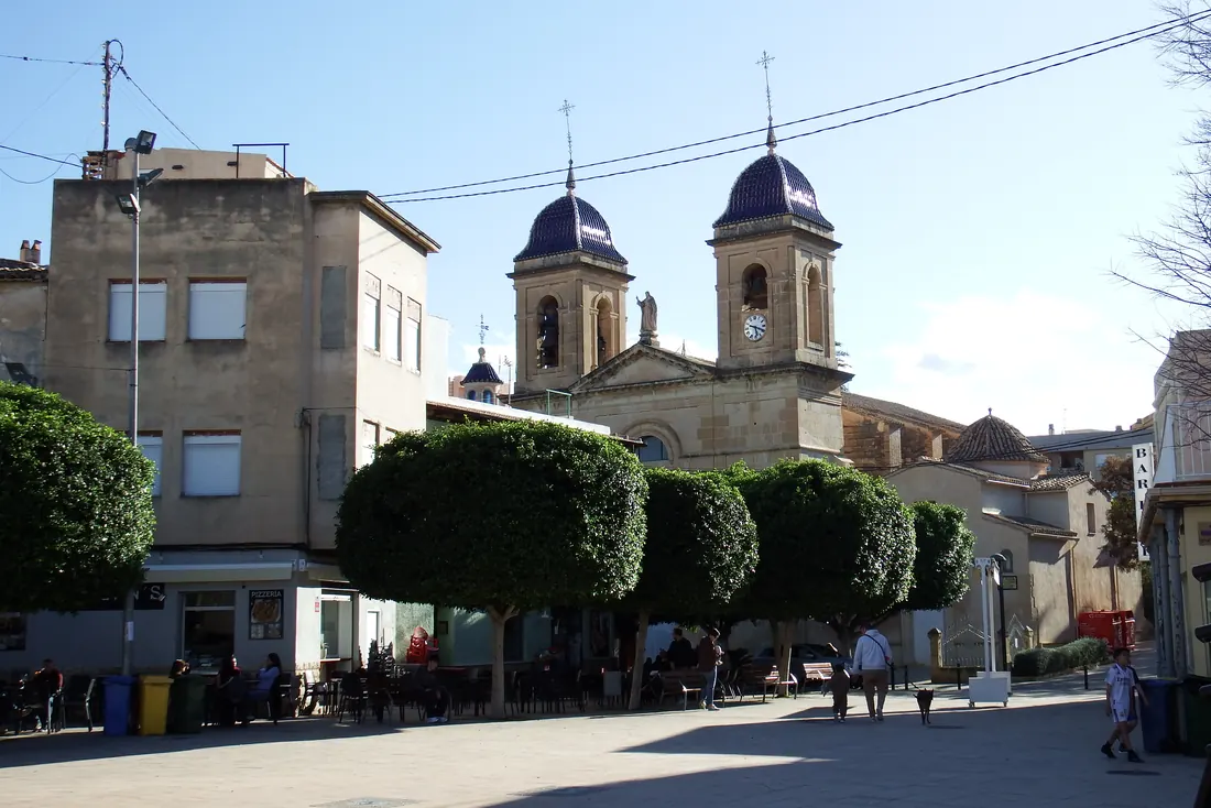 Une place bordée d'arbres taillés et les 2 coupoles bleues de l'église de Sant Joan
