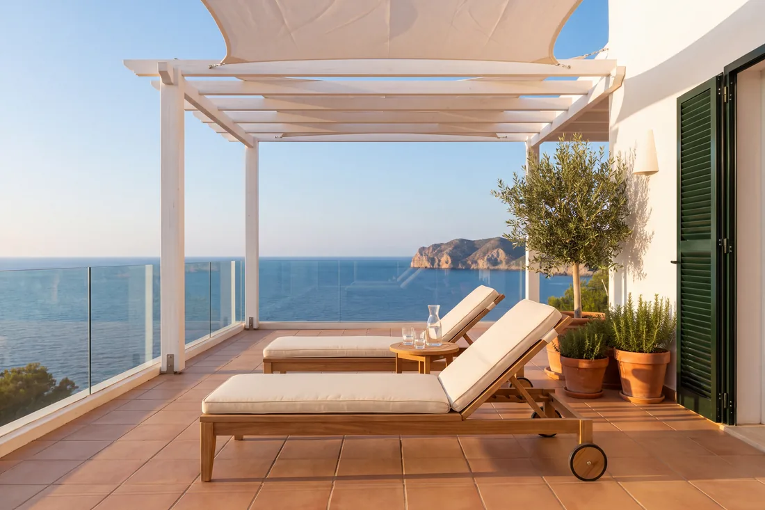 Terrasse d'une villa au soir, transats prêts, carafe et 2 verres, mer au fond
