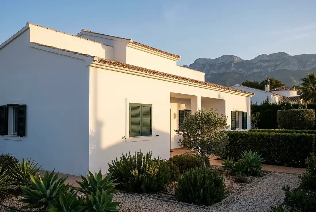 Villa blanche entretenue, volets verts, jardin méditerranéen, Costa Blanca