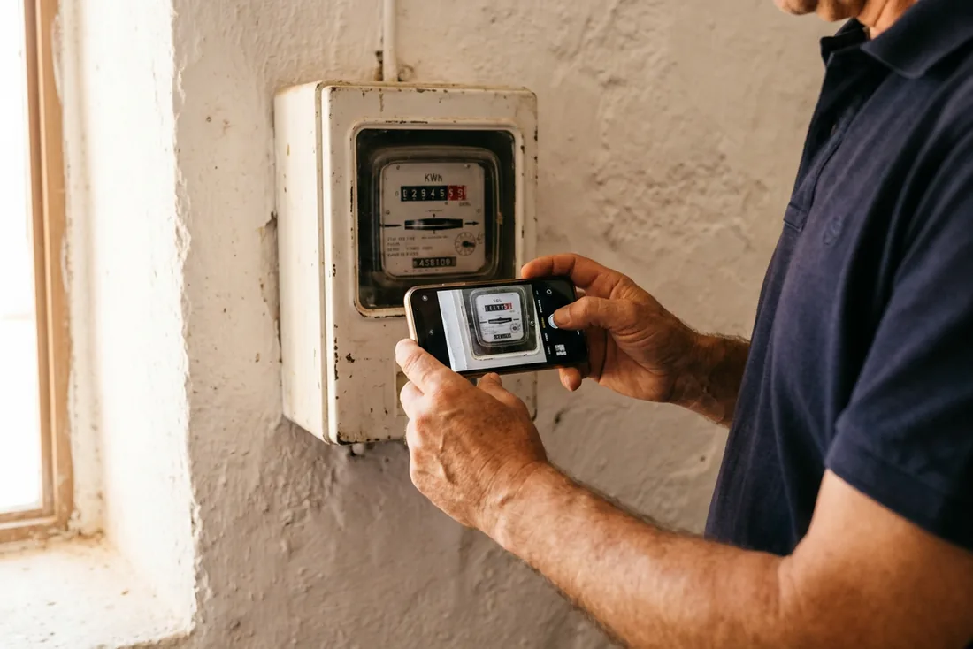 Une main photographie au téléphone un compteur électrique ancien fixé sur un mur chaulé