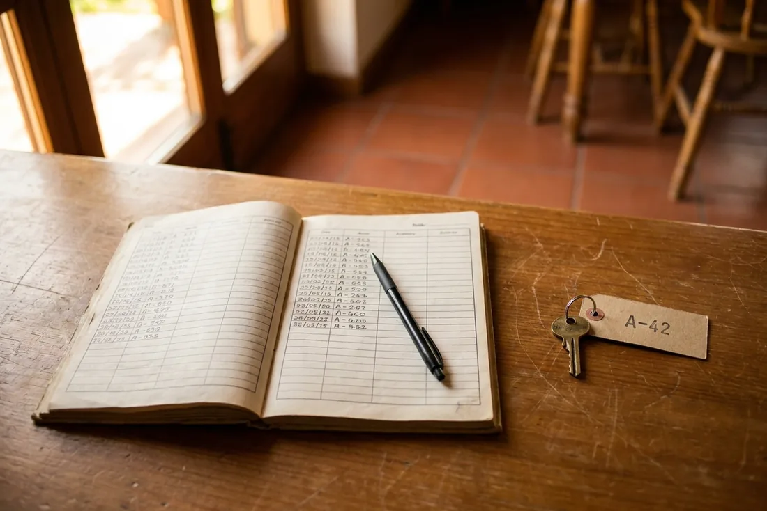 Un registre papier ouvert sur une table de bois, un stylo, et une clé sur une étiquette portant un code